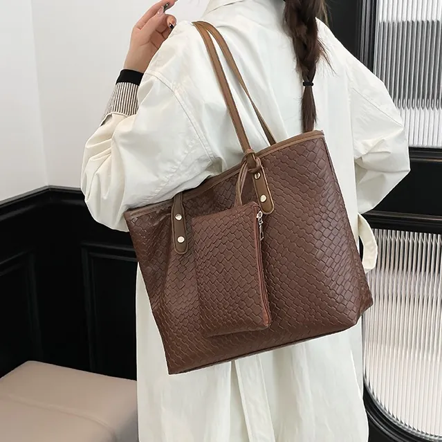Borsa Tote Intrecciata Da Donna In Pelle PU Grande Capacità Borsa A Spalla E Pochette Retrò Casual Quotidiano Pendolare