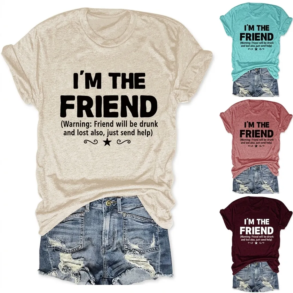 Maglietta da Donna Casual in Misto Cotone Girocollo I'm The Friend Stampa di Lettere Manica Corta Larga Streetwear Top Estivo