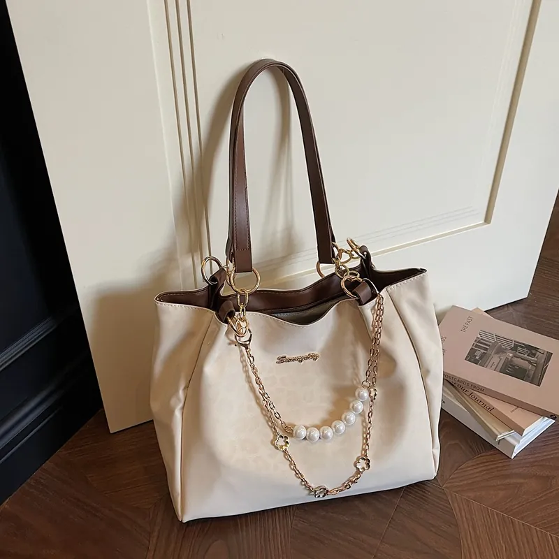 Borsa Tote da Donna alla Moda con Catena di Künstliche Perle Borsa a Tracolla in Pelle PU ad Alta Capacità per il Pendolarismo Quotidiano Ufficio