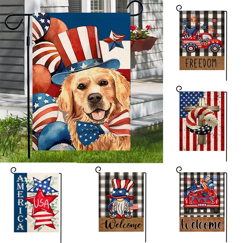 Bandera Da Giardino USA Decorazione Patriottica Americana Giorno Dell'Indipendenza Lino Juta Esterno Cortile Banner Gnomo Rosso