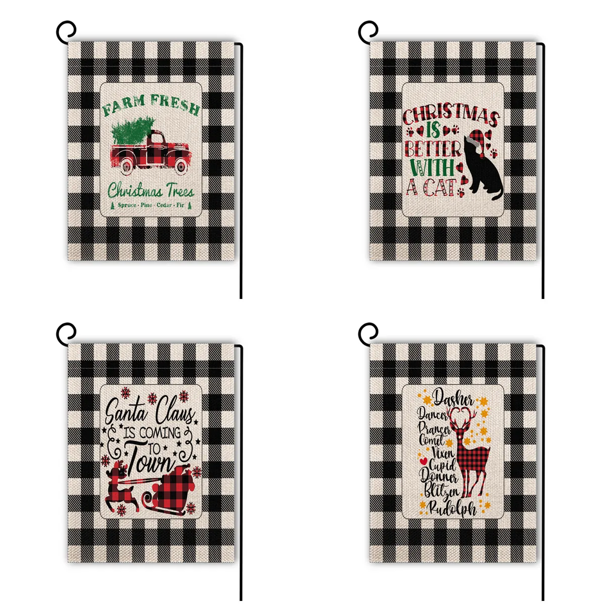 Drapeau de Jardin de Noël Double Face Carreaux Noir et Blanc Lin Extérieur Décoratif Sapin de Noël Motif Renne