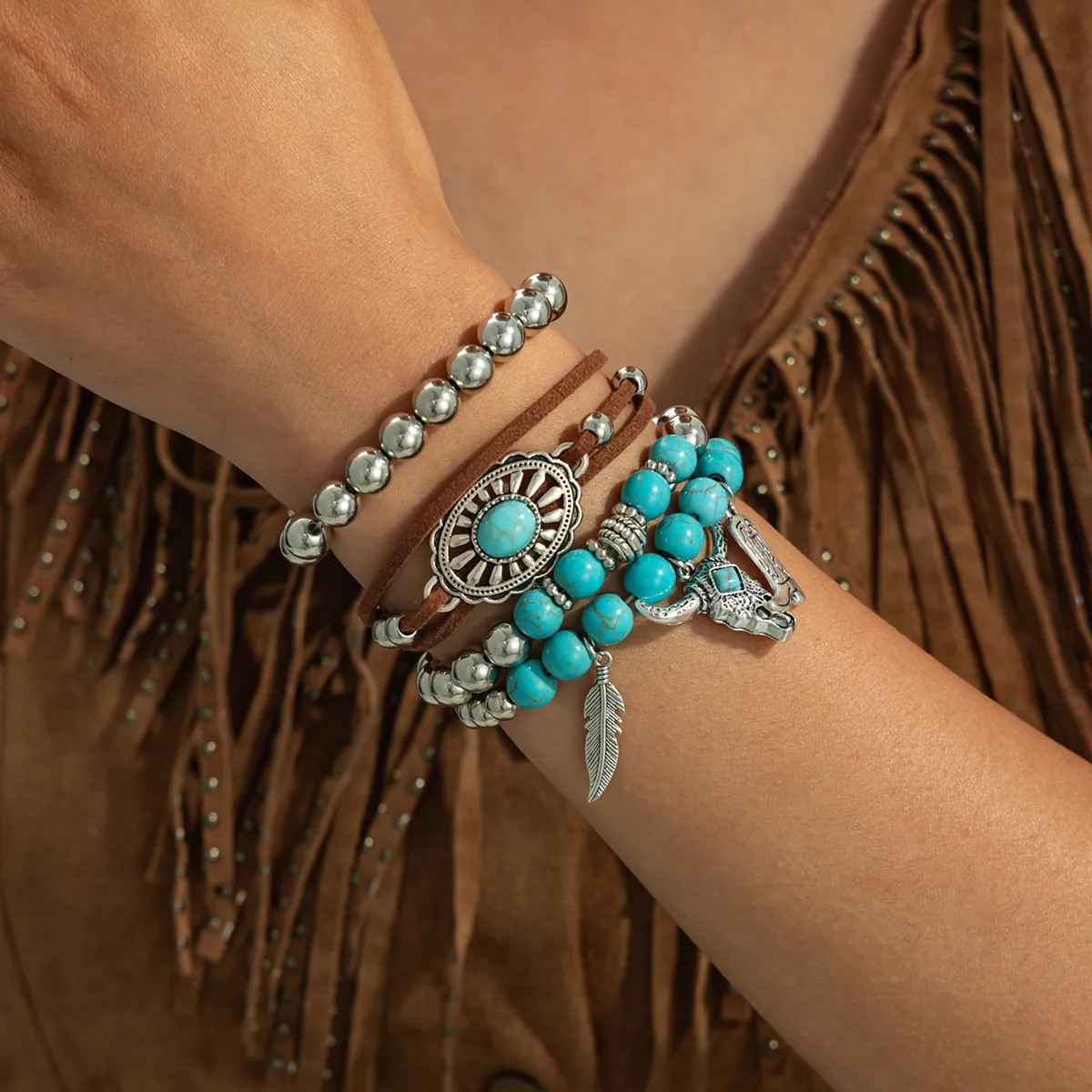 Bohemian Beaded Bracelets For Women Alloy Faux Turquoise Suede Cord Multilayer Stackable Western Cowboy Style Retro Ethnic Jewelry Charms