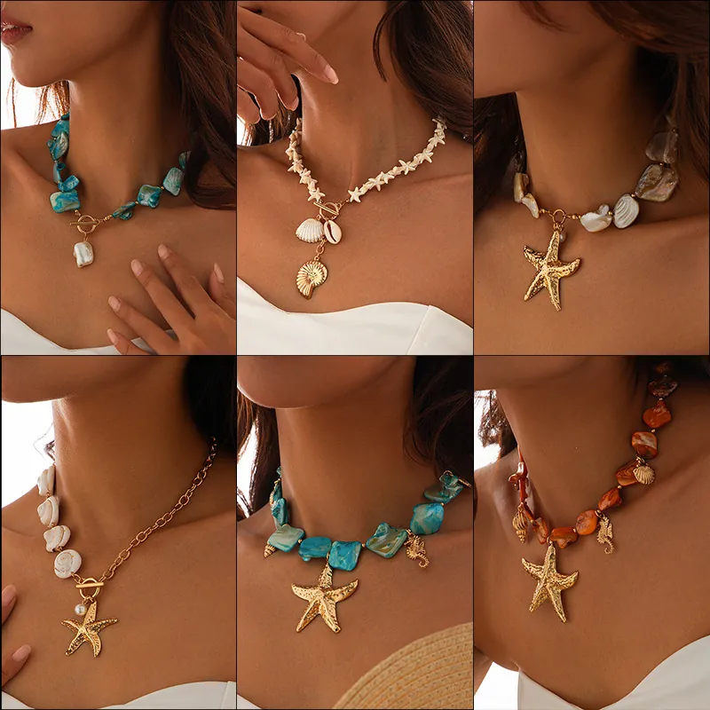 Starfish Pendant Necklace Alloy Shell Beads Simulated Artificial Baroque Pearl Beach Vacation Bohemian Jewelry For Women