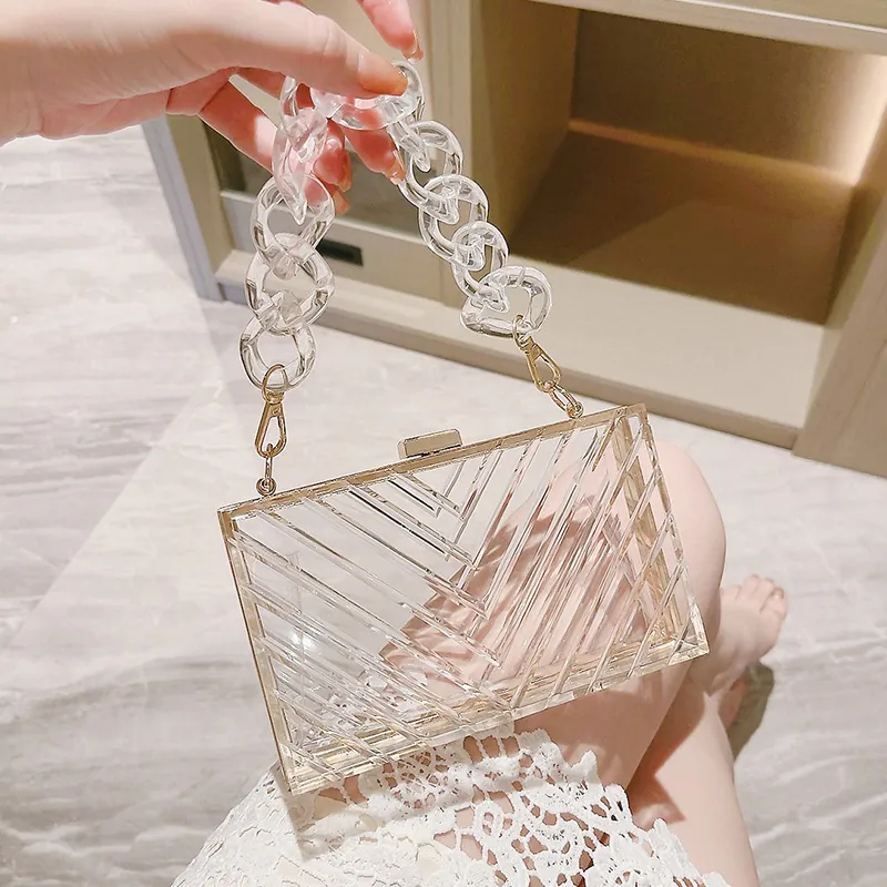 Transparent Acrylic Clutch Bag With Gold Metal Frame And Thick Chain Handle Geometric Chevron Evening Crossbody Purse Women