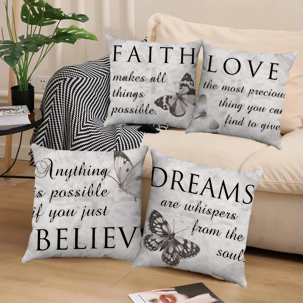 Butterfly Letter Quotes Decorative Cushion Cover Short Plush Soft Throw Pillowcase For Living Room Sofa Modern
