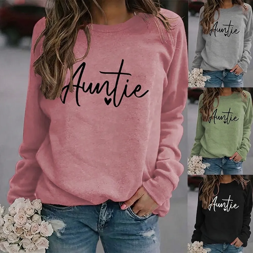 Women Sweatshirt Auntie Letter Heart Print Crew Neck Long Sleeve Cotton Blend Loose Casual Pullover Top