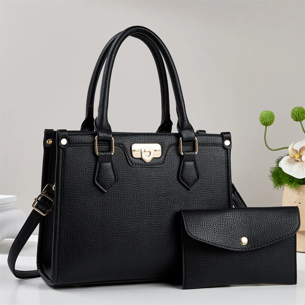 Borsa a Mano da Donna E Portafoglio in Pelle PU Motivo Litchi Con Hardware Dorato Satchel Tote di Lusso per Pendolari Regalo per la Mamma
