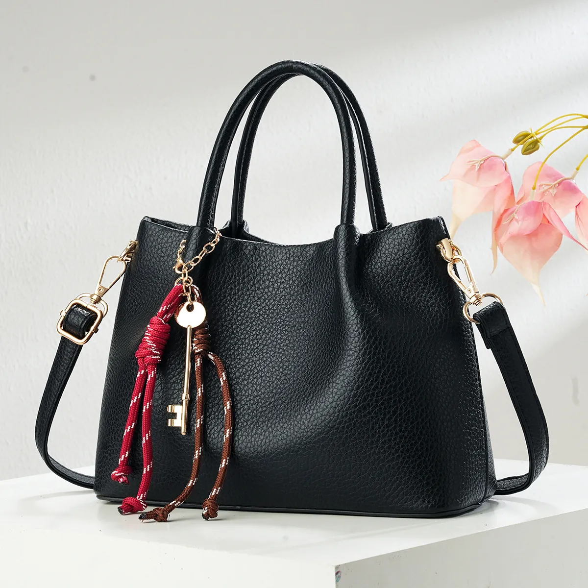 Women Litchi Pattern PU Leather Handbag Elegant Commuter Square Top Handle Bag With Detachable Strap Tassel Decor