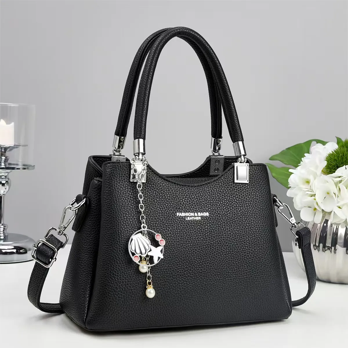 Women Handbag Shoulder Bag PU Leather Litchi Pattern Large Capacity Elegant Commuting Daily Bag With Shell Artificial Pearl Charm