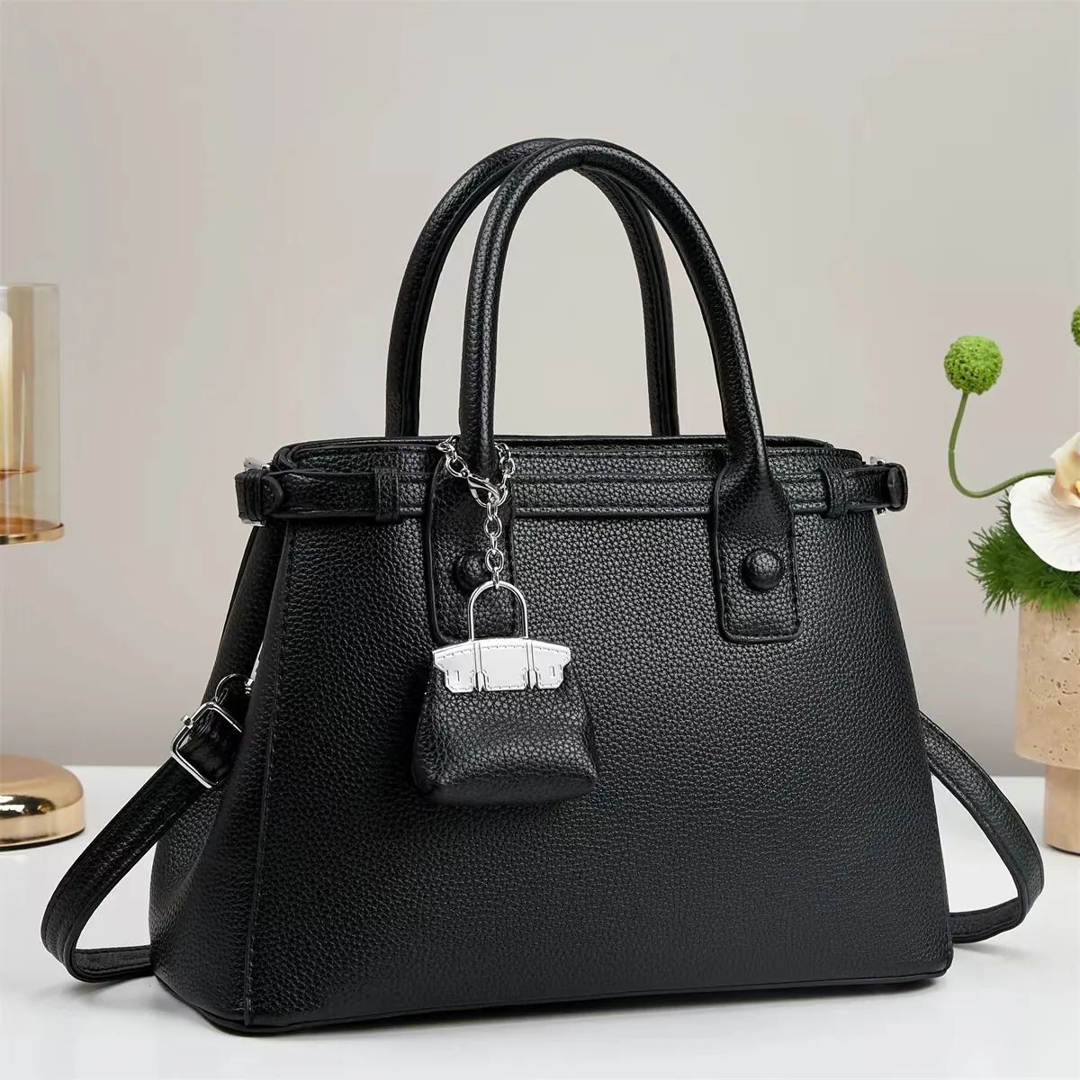Litchi Pattern PU Leather Handbag Tote With Decorative Mini Pouch Elegant Business Commute Shoulder Bag For Women