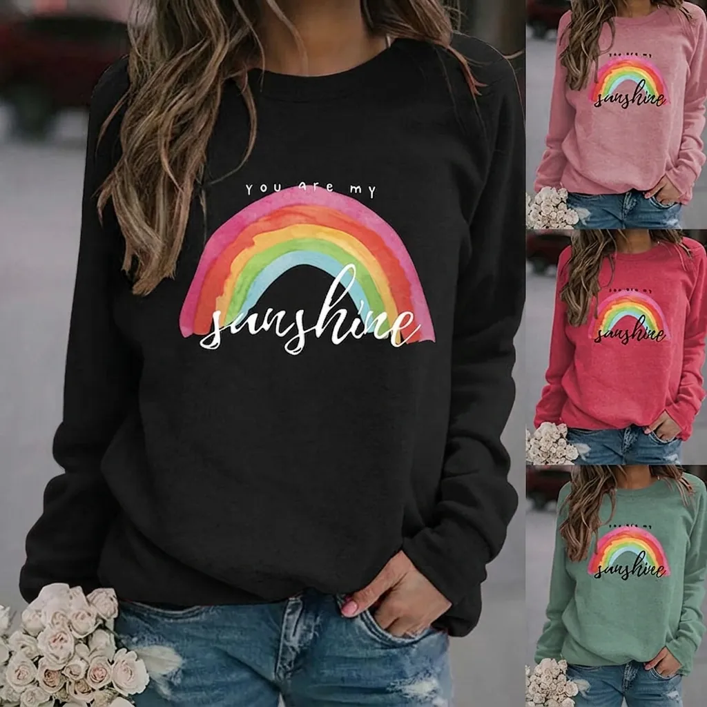 Women Crew Neck Sweatshirt You Are My Sunshine Rainbow Print Cotton Blend Long Sleeve Casual Loose Pullover Top