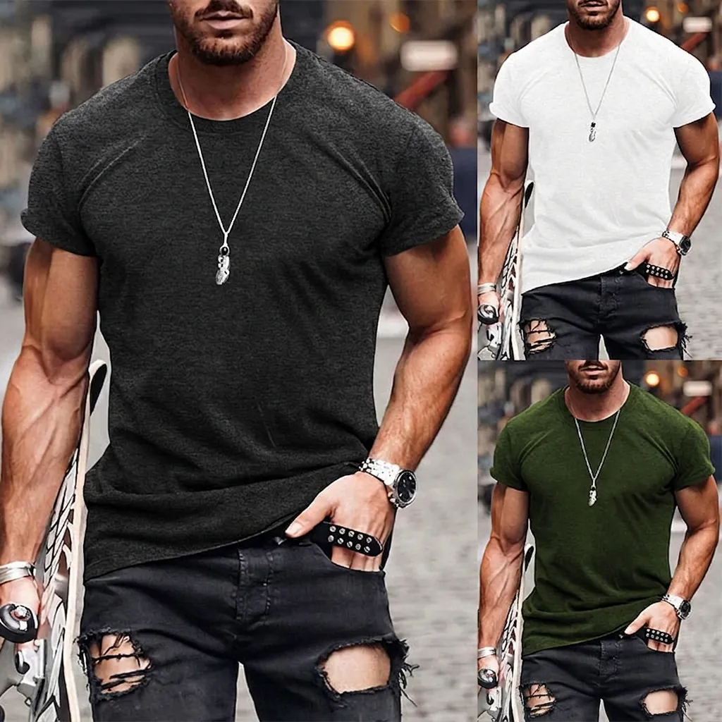 Men Slim Fit Muscle T-Shirt Cotton Blend Solid Color Round Neck Short Sleeve Casual Streetwear Summer Tops