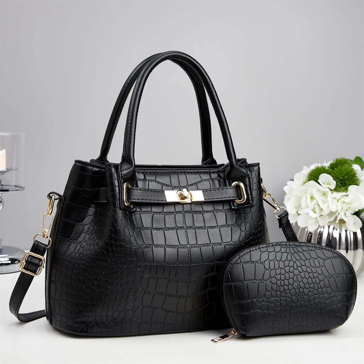 Handbag And Small Pouch Crocodile Pattern PU Leather Large Capacity Adjustable Strap Elegant Fashionable For Women