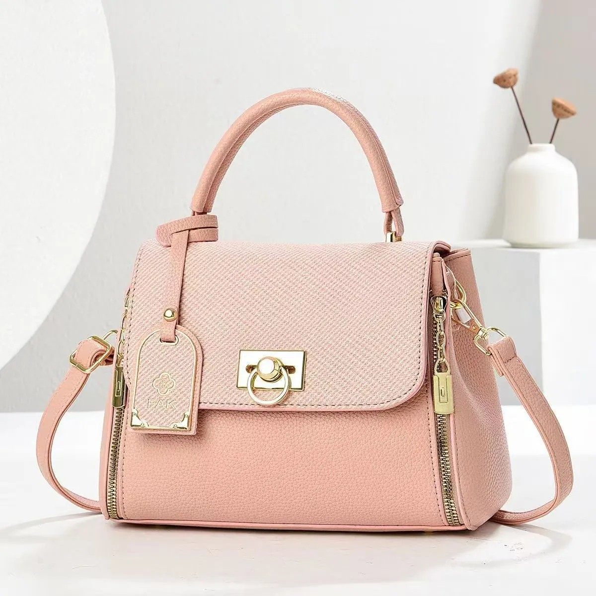 Women Handbag PU Leather Lychee Pattern Woven Flap Gold Ring Lock Detachable Strap Crossbody Satchel Commuting Versatile