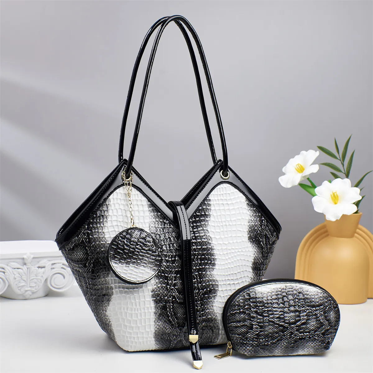 Women Fashion Snake Skin Pattern PU Leather Tote Bag Set 3 Piece With Pouch Round Charm Crossbody Shoulder Handbag