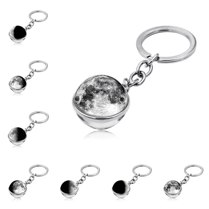 Moon Phase Keychain Zinc Alloy Astronomy Round Glass Ball Pendant Decorative Accessory Gift For Space Lovers