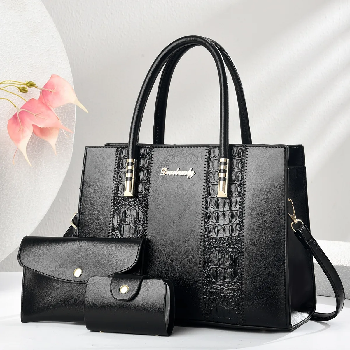 PU Leather Tote Bag Envelope Clutch And Card Holder Crocodile Embossed Patchwork Elegant Trendy For Women
