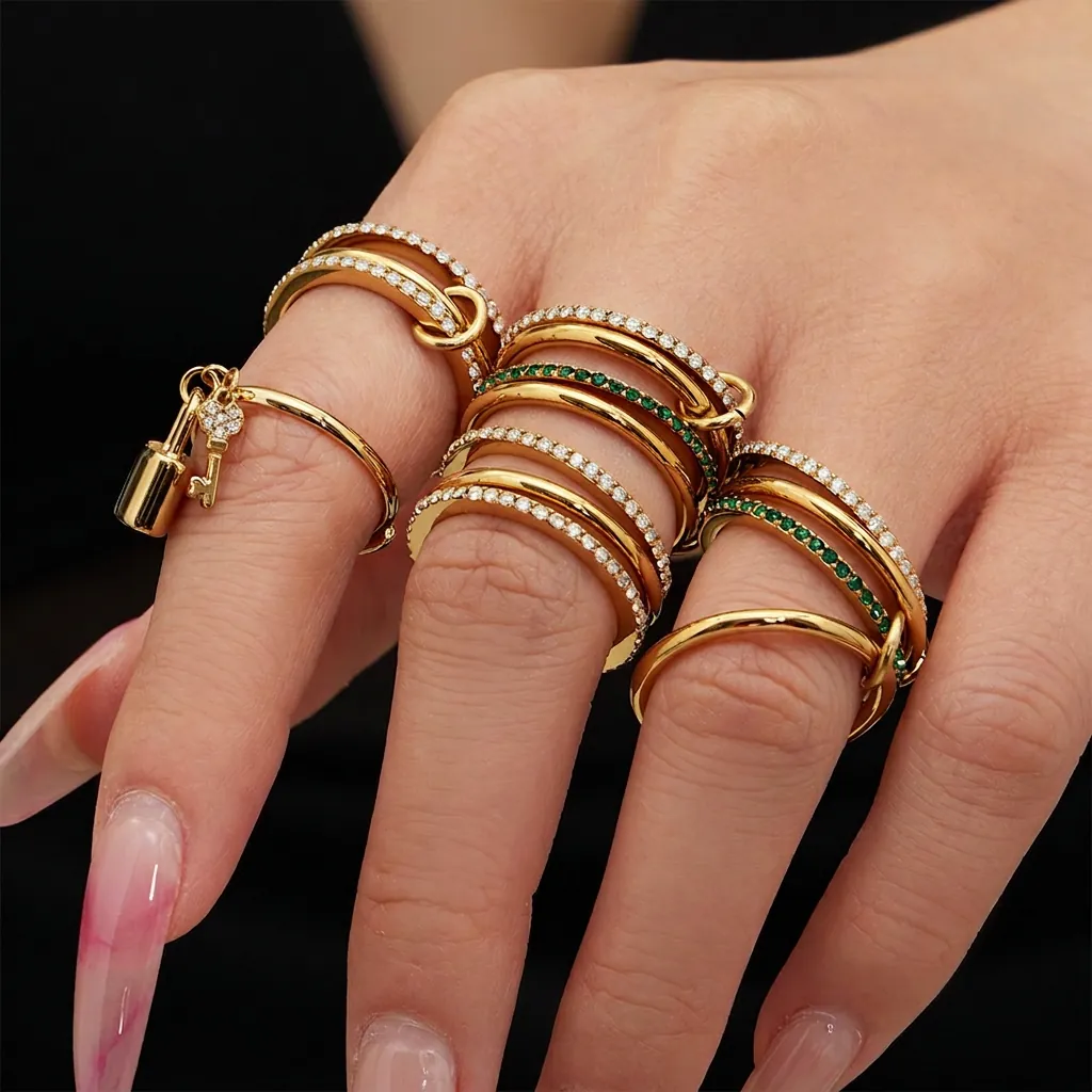 Stainless Steel Rings Zircon Interlocking Multi Layer Stackable Lock And Key Charm Open Adjustable Fashion Jewelry For Women