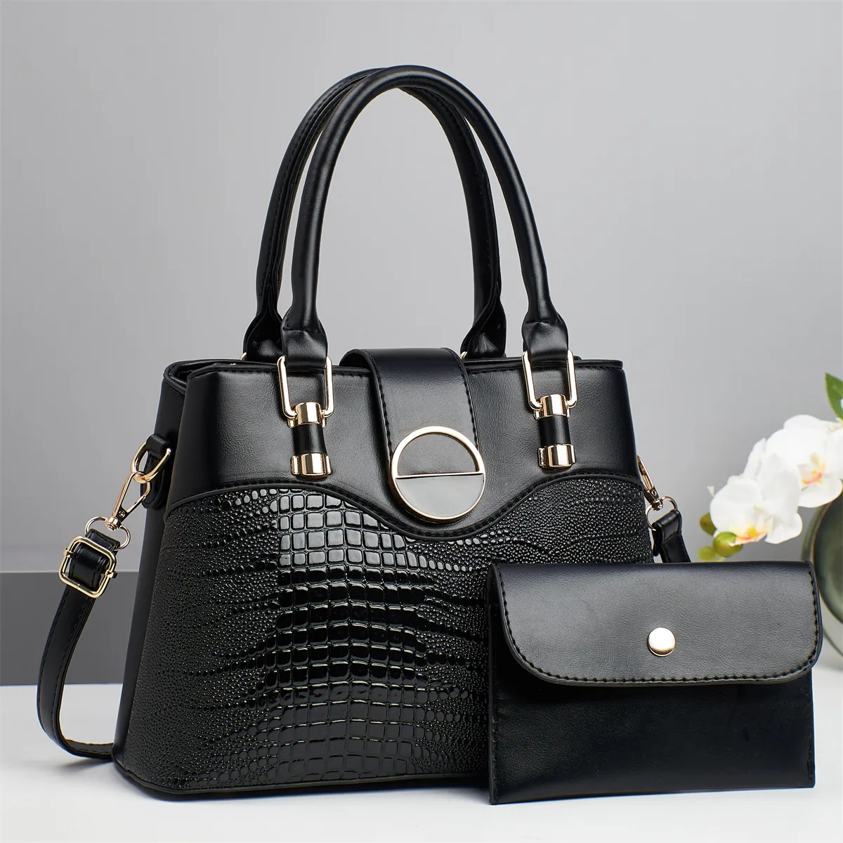 Luxury Women Crocodile Pattern Shoulder Bag Set Patchwork PU Leather Handbag With Wallet Large Capacity Elegant Tote Bag