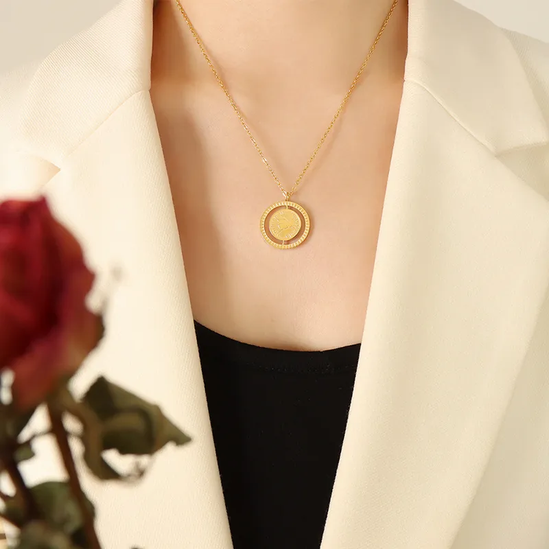 Double Sided Rotating Pendant Necklace Titanium Steel With 18K Gold Plated Round Coin Flying Pig Vintage Fashion Clavicle Chain