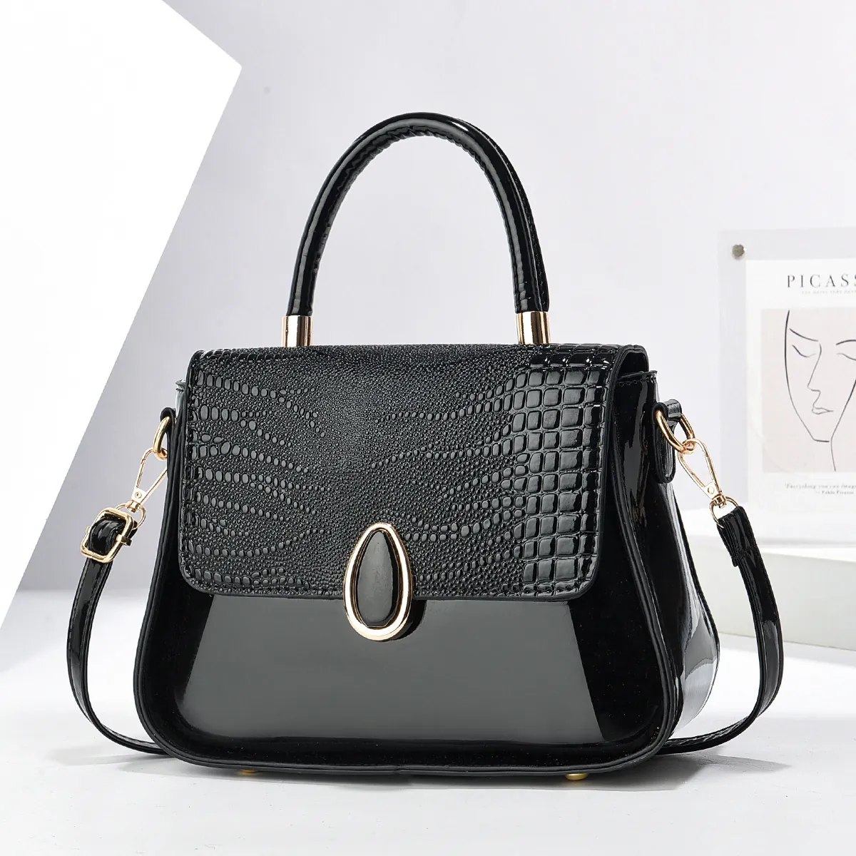Sac À Main Femme Similicuir Verni Motif Crocodile Contraste Poignée Supérieure Bandoulière Réglable Sac Élégant