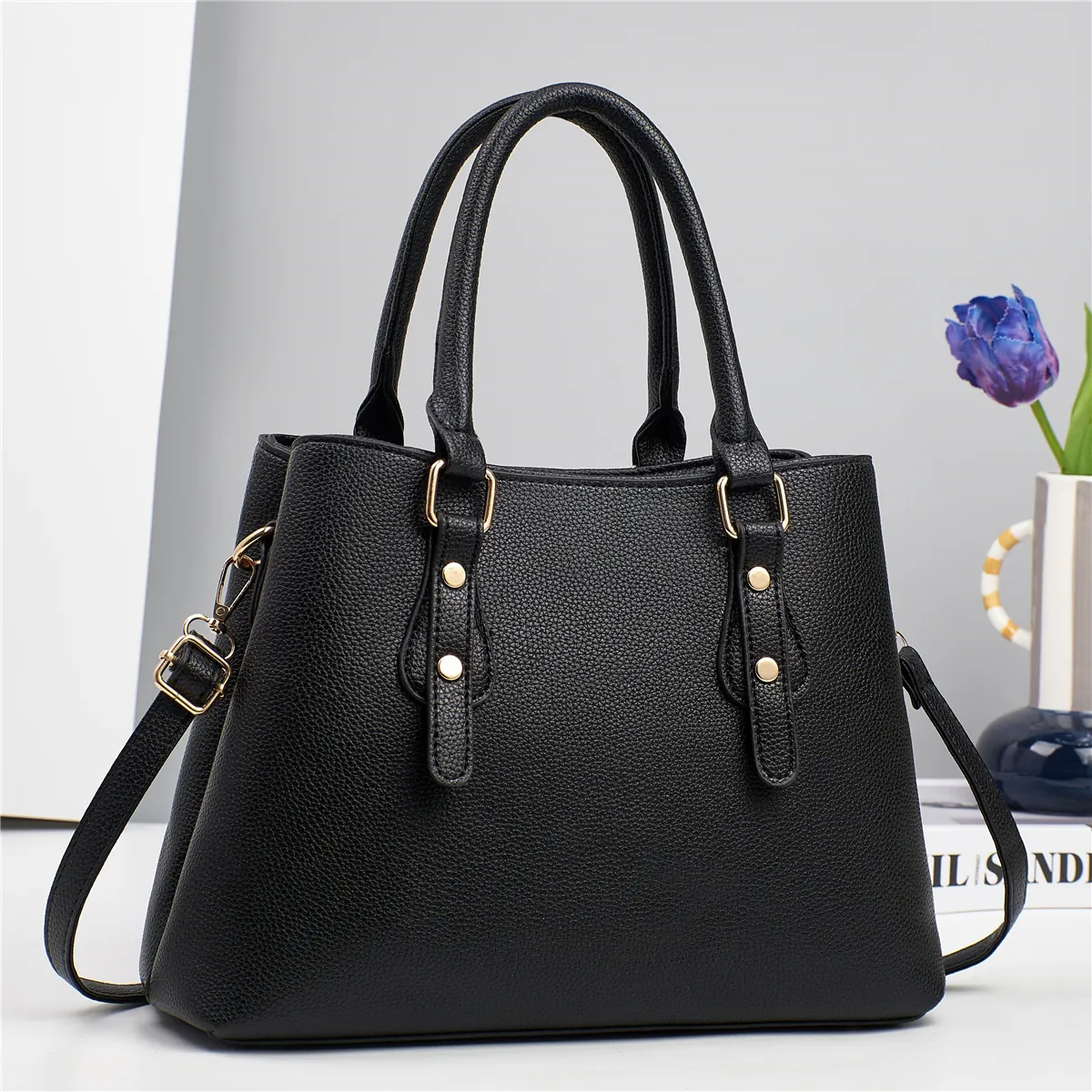 Women Lychee Pattern PU Leather Handbag Large Capacity Detachable Strap Urban Minimalist Chic Shoulder Crossbody Bag