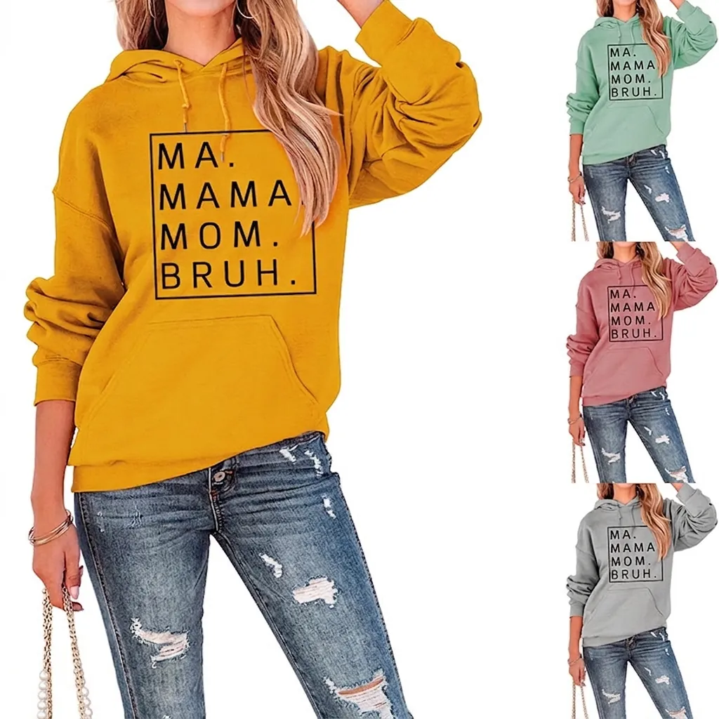 Felpa Con Cappuccio Donna Casual Larga Stampa Lettere Misto Cotone Pettinato Manica Lunga Pullover Con Tasca a Canguro