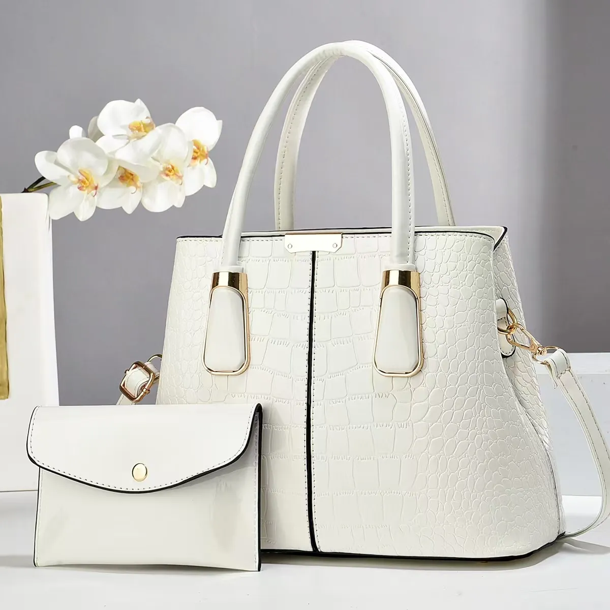 Juego de Bolsos de Mano de Cuero PU Minimalista con Patrón de Cocodrillo para Mujer Bolso Mensajero en Relieve Brillante Bolso Capazo