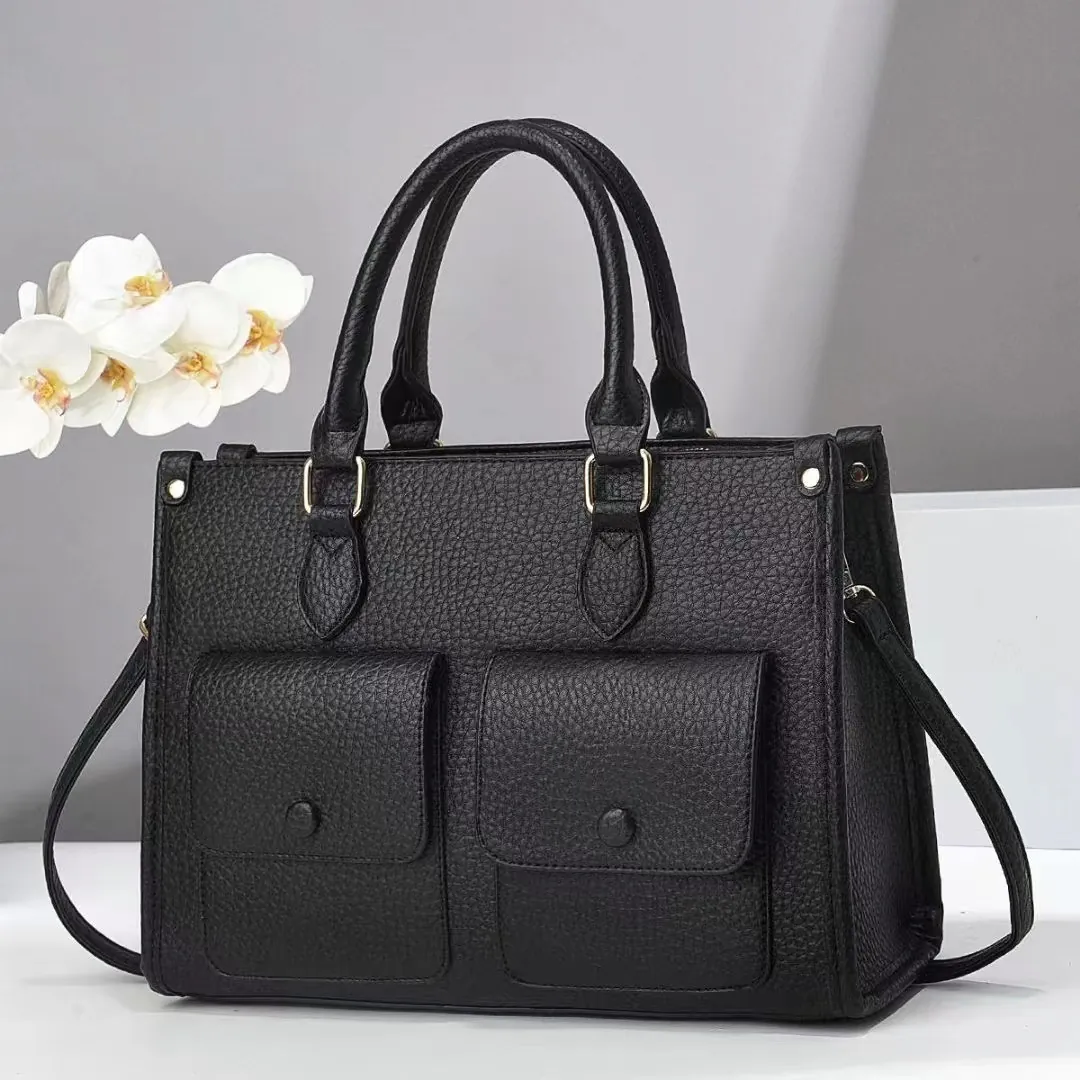 Sac Cabas Femme Grande Capacité en Cuir PU Mode Motif Litchi Sac à Épaule Avec Doubles Poches Avant et Bandoulière Réglable