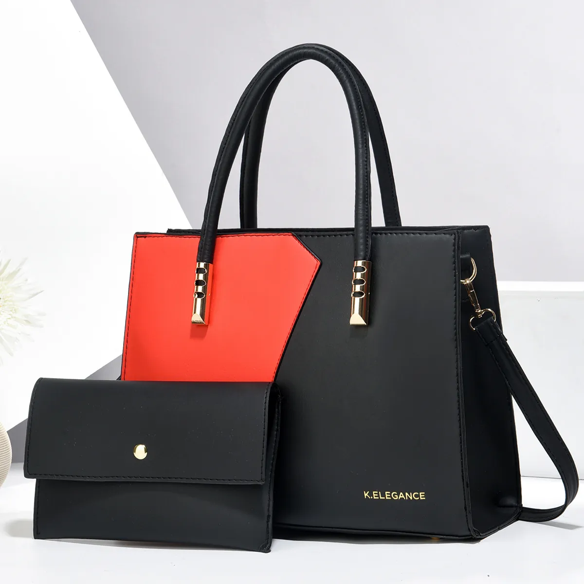 PU Leather Color Block Tote Handbag And Pouch Set Large Capacity Fashion Patchwork Shoulder Bag For Women Daily Urban Commute
