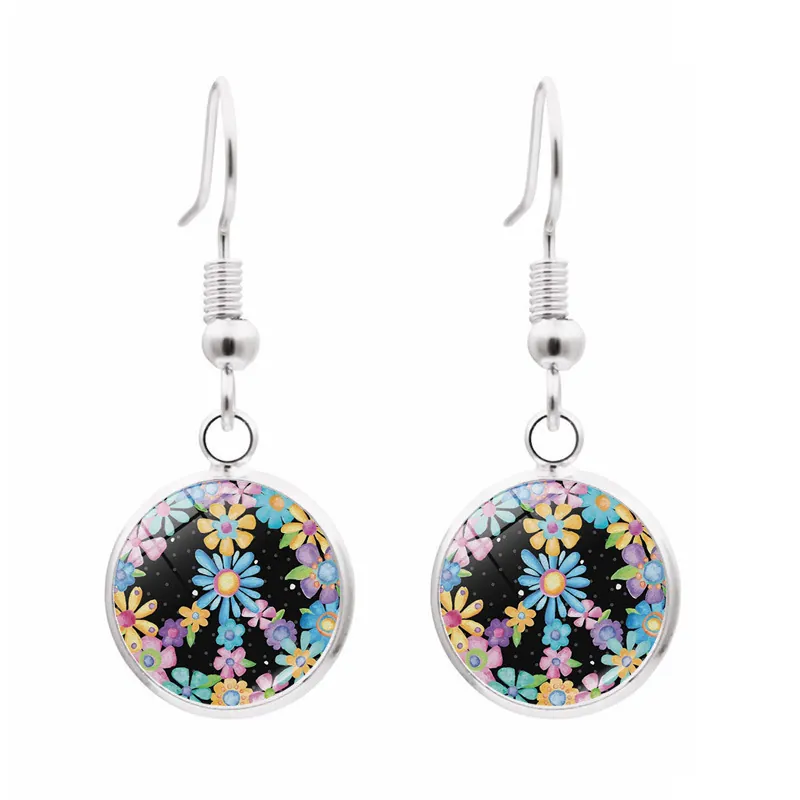 Drop Earrings Alloy Glass Peace Sign Floral Butterfly Pattern Round Cabochon Bohemian Vintage Jewelry For Women