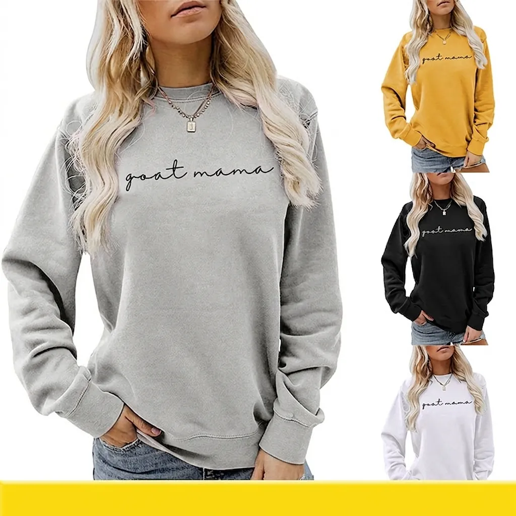 Felpa Donna Goat Mama Stampa Lettere Maniche Lunghe Girocollo Misto Cotone Morbido Casual Top