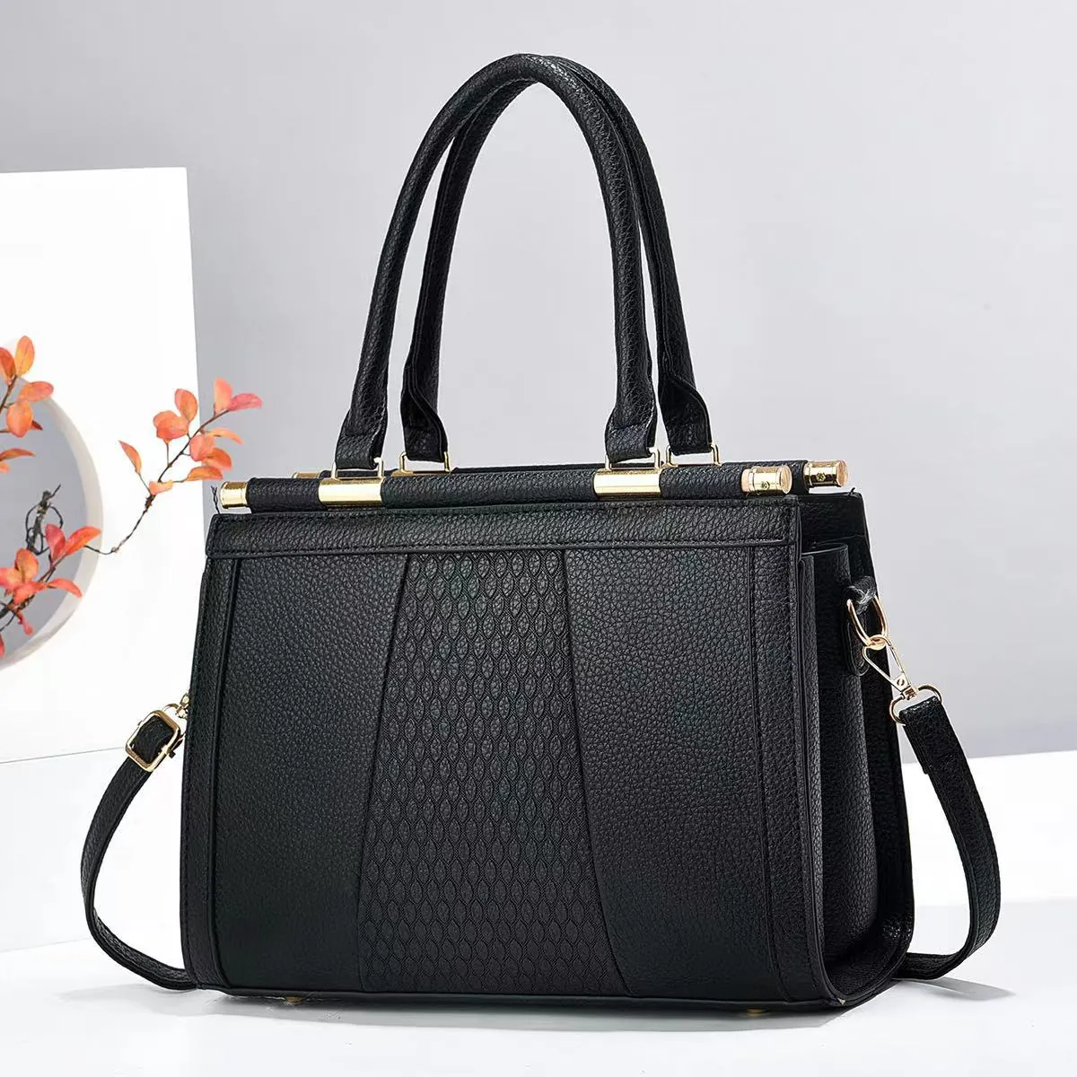 Women Shoulder Bag PU Leather Litchi Pattern Quilted Patchwork Large Capacity Handbag Crossbody Bag With Top Handle