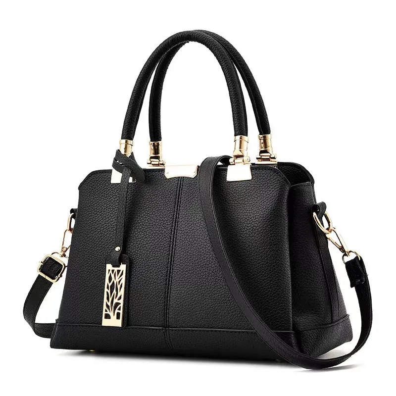 Women Large Capacity Stitching Handbag Litchi Pattern PU Leather Shoulder Bag With Adjustable Strap Gold Tree Charm