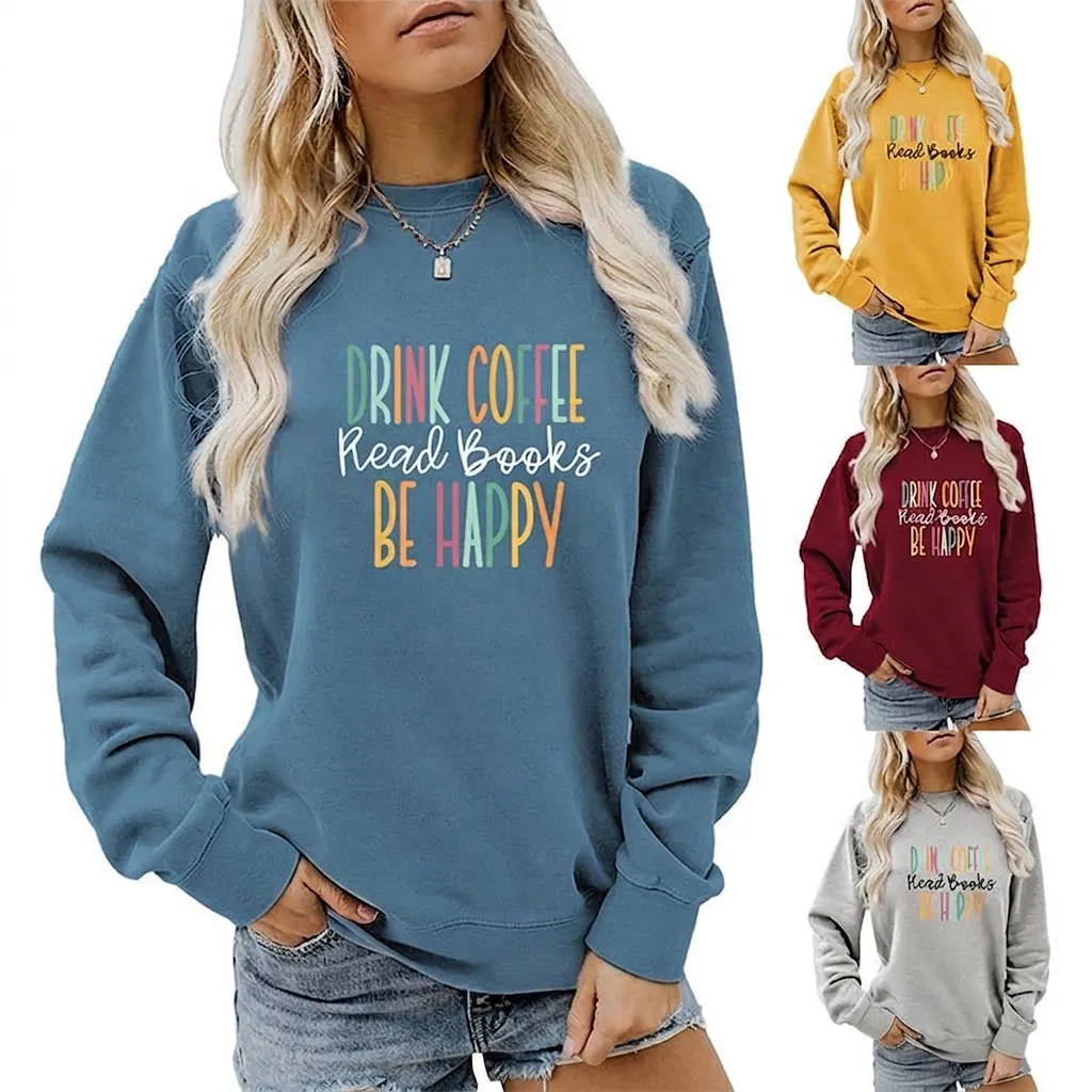 Women Crewneck Sweatshirt Pullover Long Sleeve Letter Print Casual Streetwear Cotton Blend Soft Comfortable