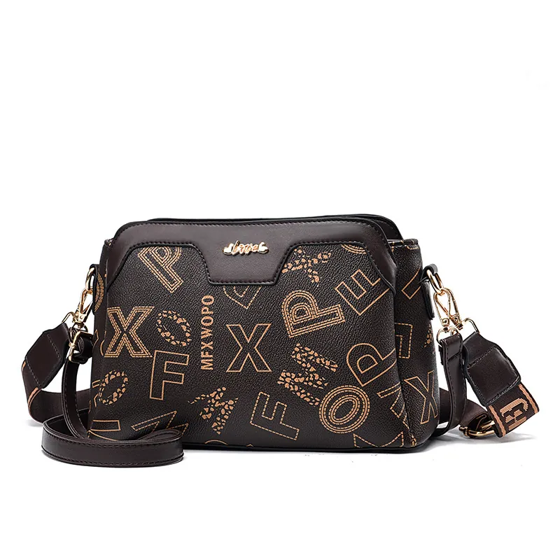 Damen Vintage Bedruckte Umhängetasche PU Leder Geometrisches Monogramm Schultertasche Mode Große Kapazität Handtasche Mit Doppel Gurten