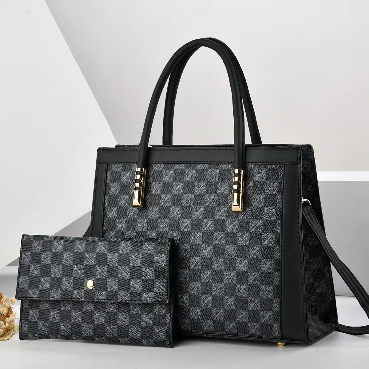 Sac Cabas en Cuir PU à Motif de Grille pour Femmes et Portefeuille Grande Capacité Sac à Main d'Épaule Urbain Simple Sac Messager