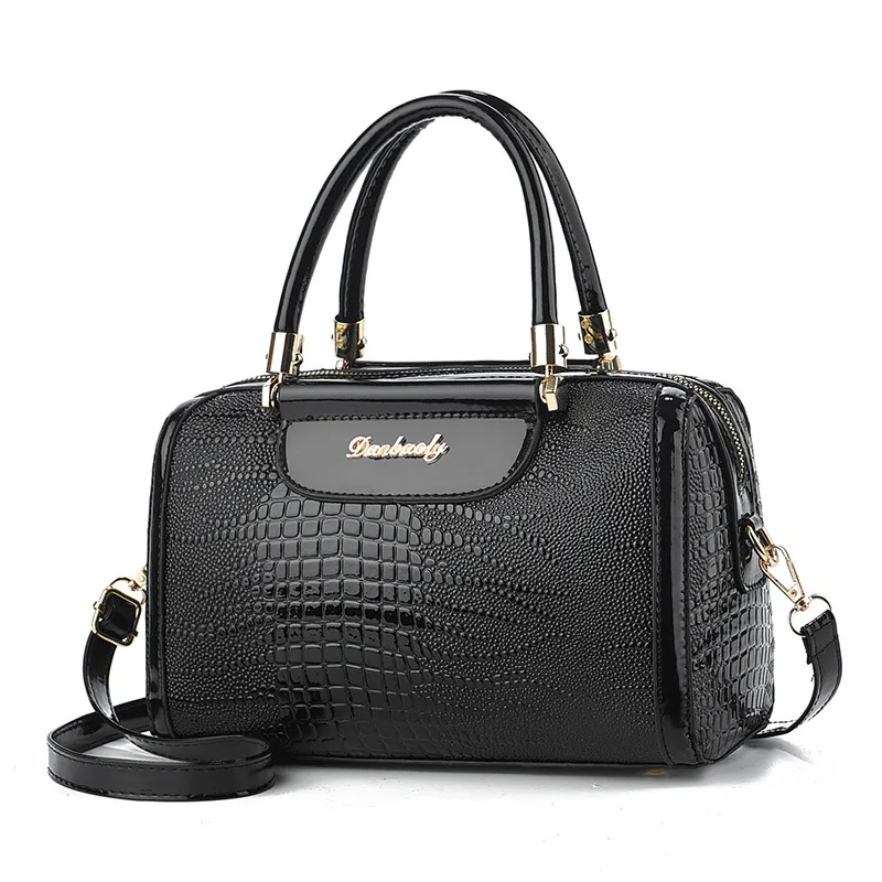 Women Handbag Crocodile Pattern PU Leather Crossbody Boston Bag With Double Handle And Adjustable Shoulder Strap
