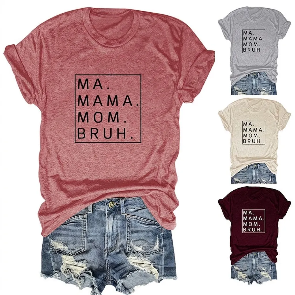 Women Casual Cotton Blend T-Shirt Funny Mama Mom Bruh Letter Print O-Neck Short Sleeve Loose Fit Graphic Tee Top