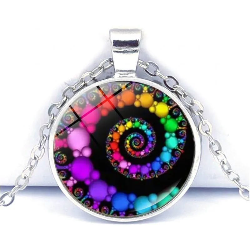 Colorful Mandala Swirl Pendant Necklace Round Glass Cabochon Fractal Art Zinc Alloy Fashion Jewelry Bohemian Style