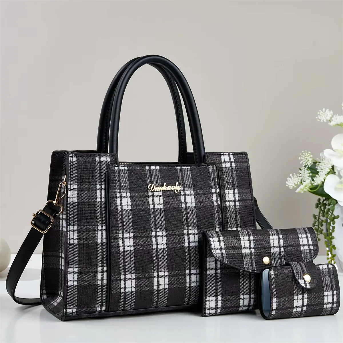 Sac Cabas à Carreaux Avec Portefeuille Enveloppe Et Porte Cartes Femme Mode Sac à Main en Similicuir Sac à Bandoulière