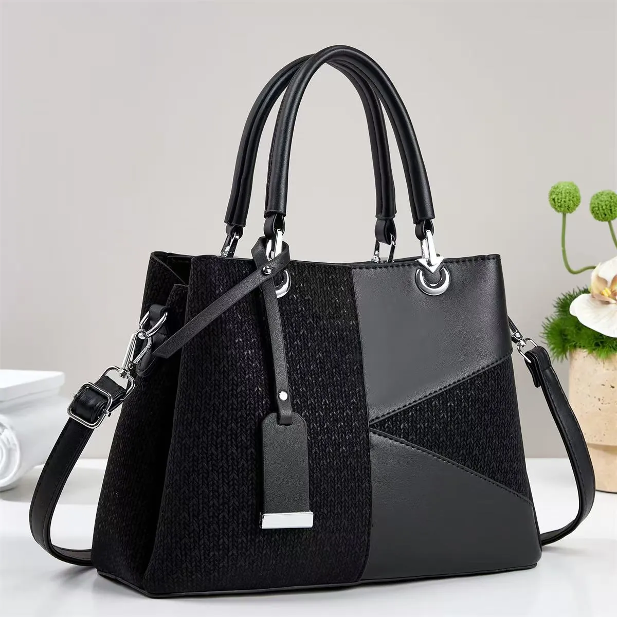 Borsa A Mano Da Donna In Pelle PU E Tessuto Testurizzato Grande Capacità Con Manico Superiore Tracolla Regolabile Elegante