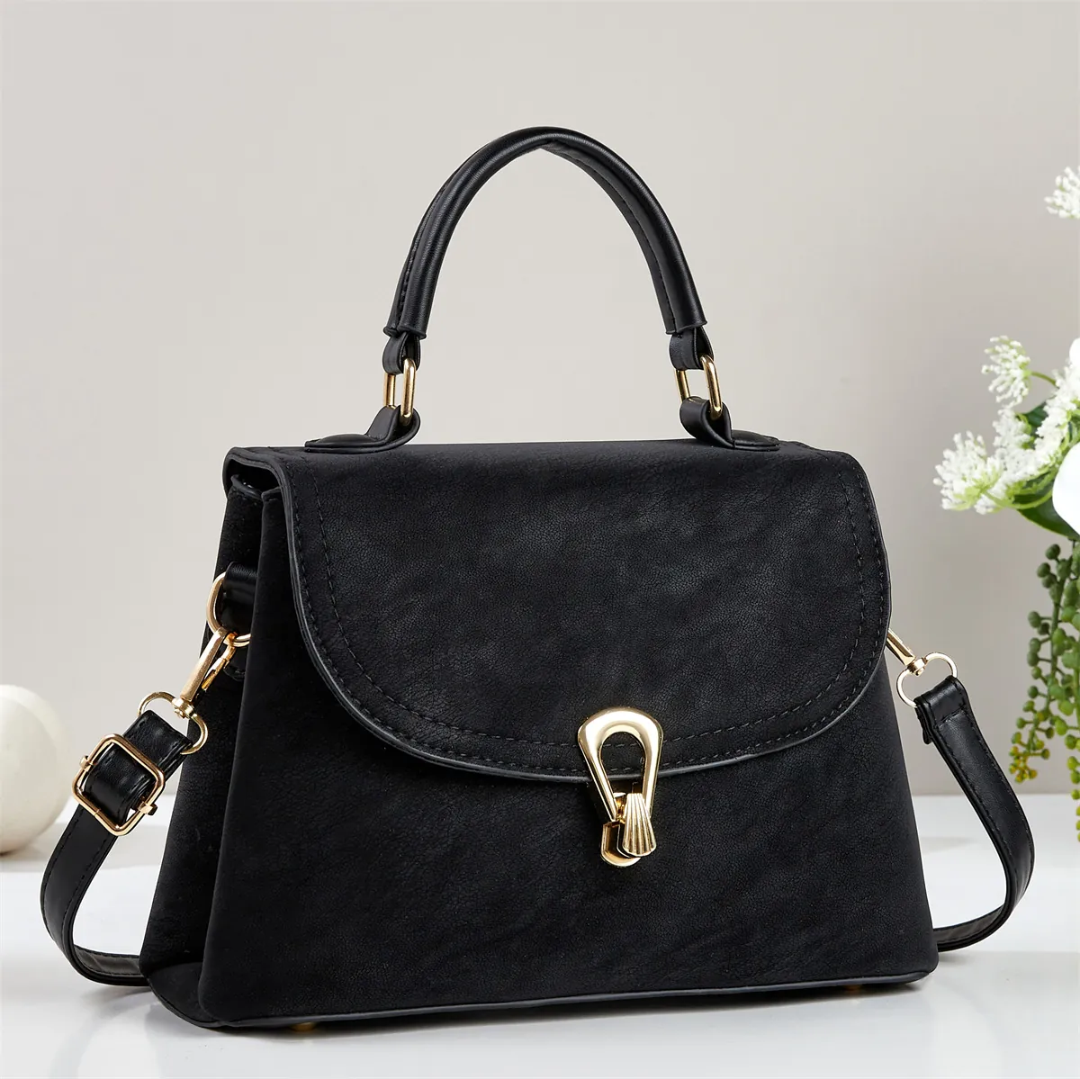 Sac À Main Vintage Pour Femme En Cuir PU Motif Litchi Poignée Supérieure Sac À Bandoulière Avec Matériel Doré Élégant
