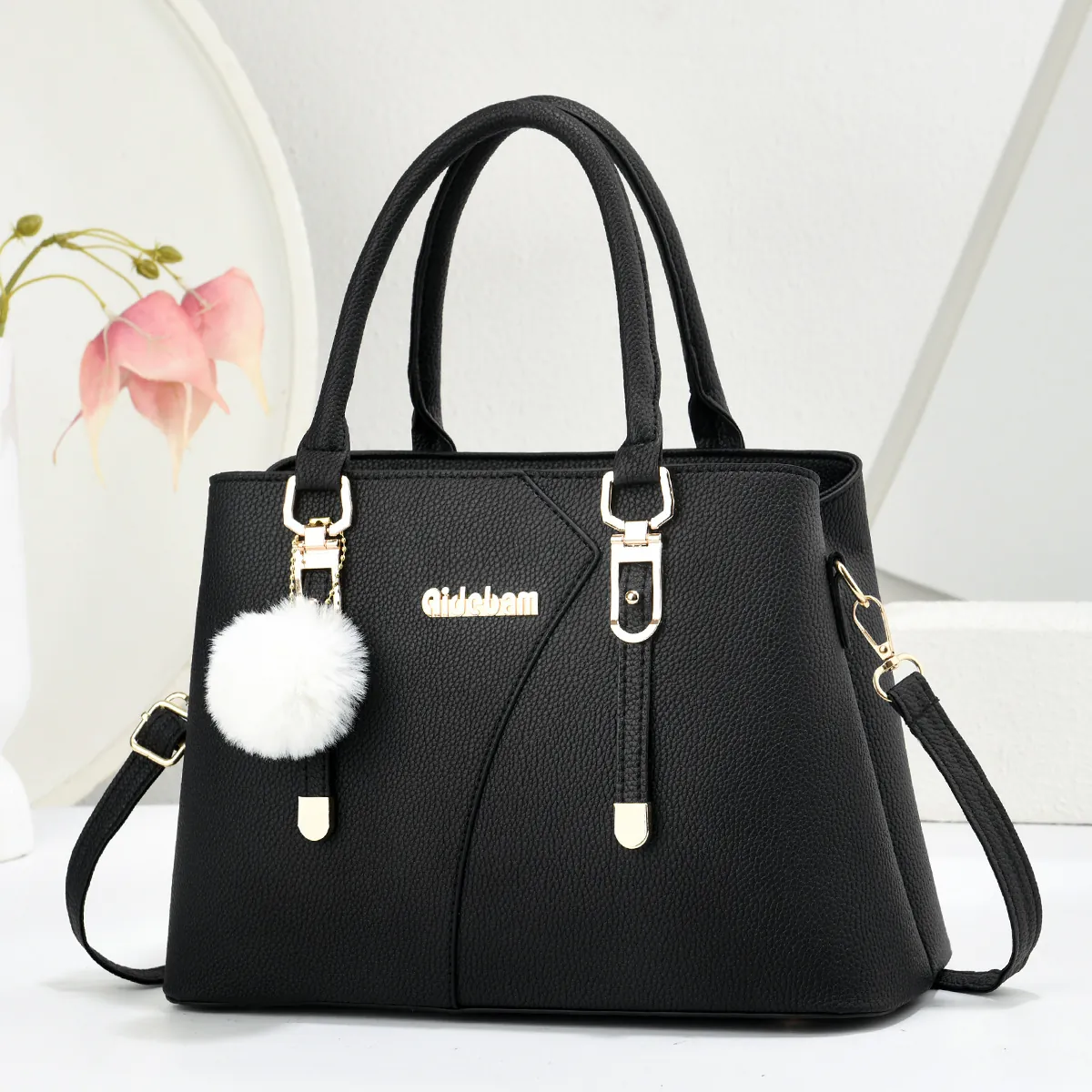 Women's Commuter Handbag Litchi Pattern PU Leather Gold Hardware Tote With Pom Pom Charm Removable Strap Fashion Purse