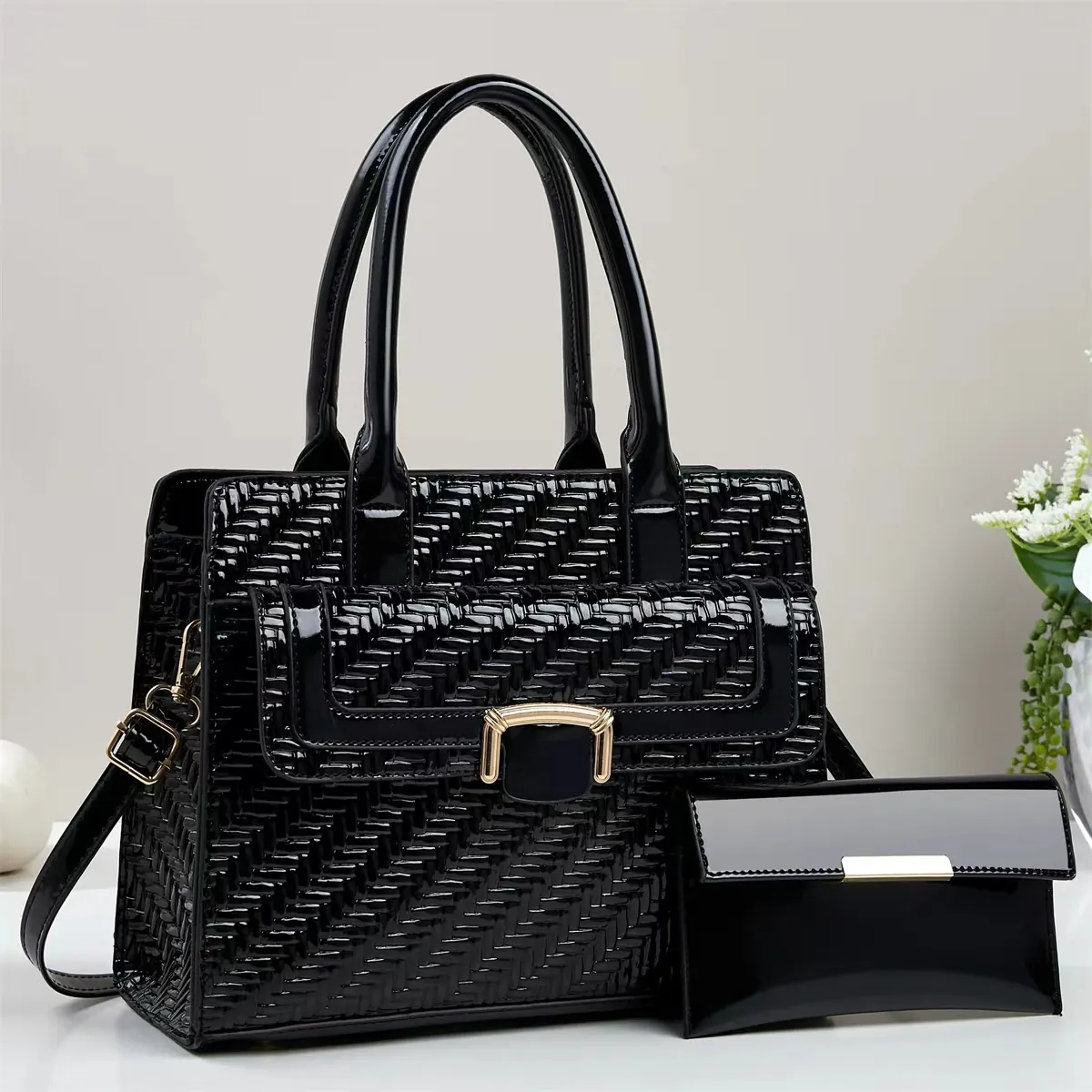 Women's 2-Piece Handbag Set Embossed Woven Texture PU Leather Tote Bag Matching Wallet Fashion Shoulder Bag For Women