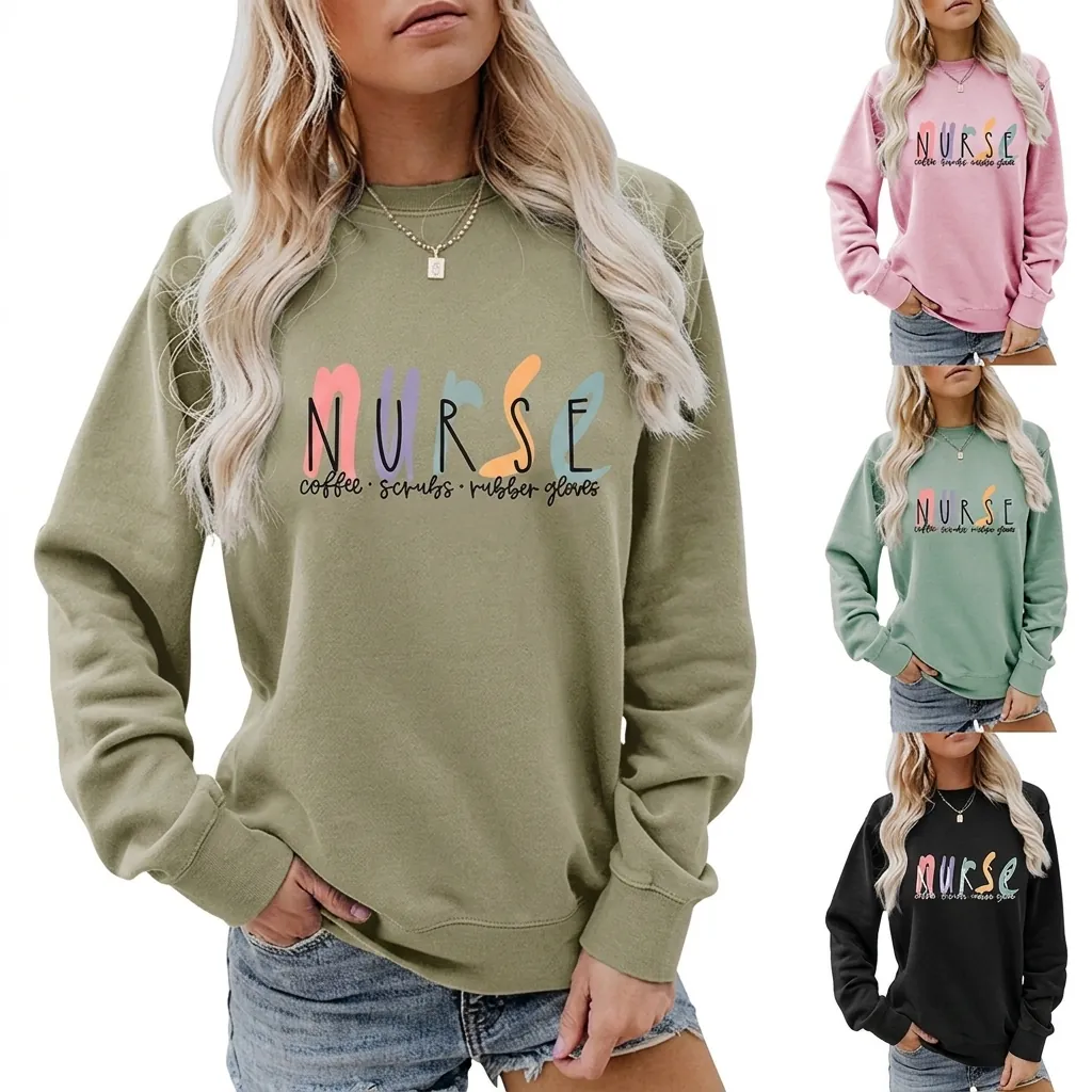 Women Nurse Coffee Scrubs Print Sweatshirt Cotton Polyester Blend Loose Round Neck Long Sleeve Pullover Leisure Top