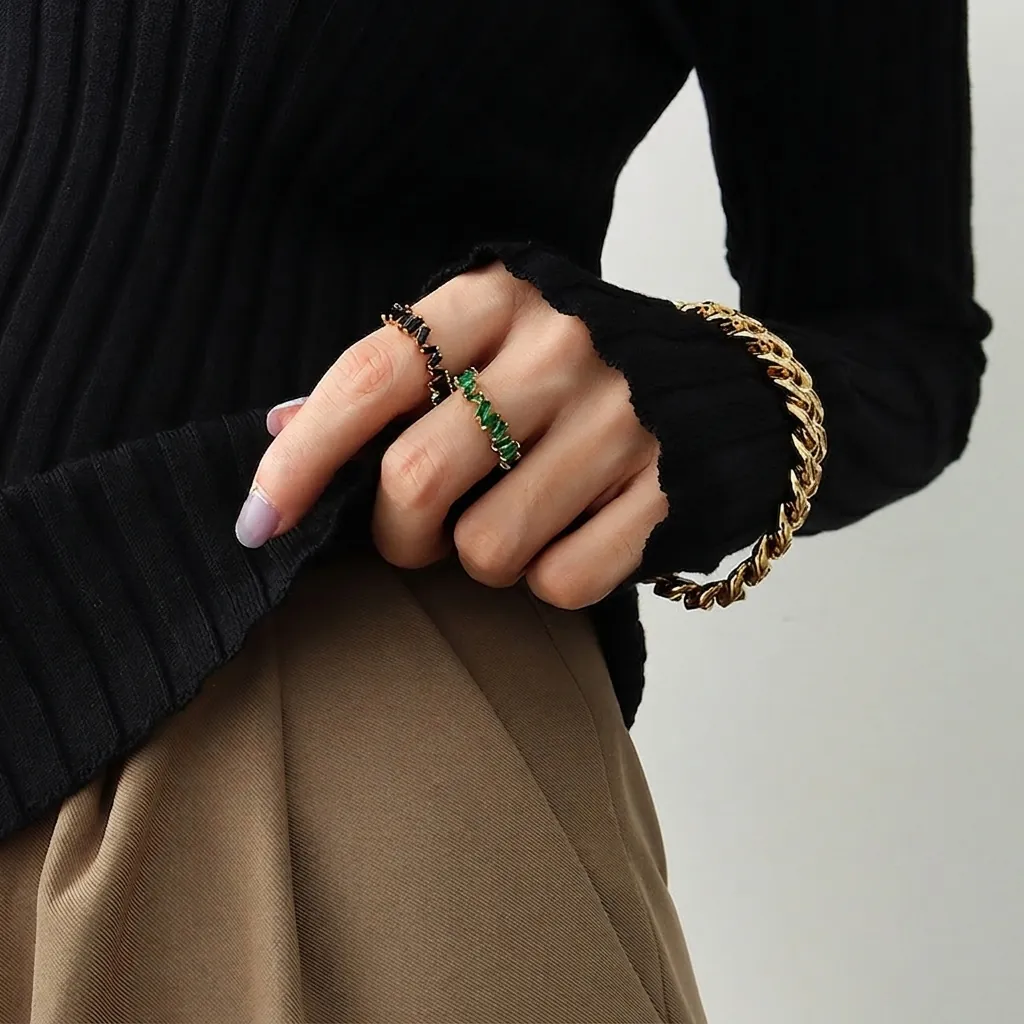 18K Gold Plated Copper Rectangular Green Black Zirconia Open Adjustable Rings For Women Minimalist Geometric Statement Jewelry