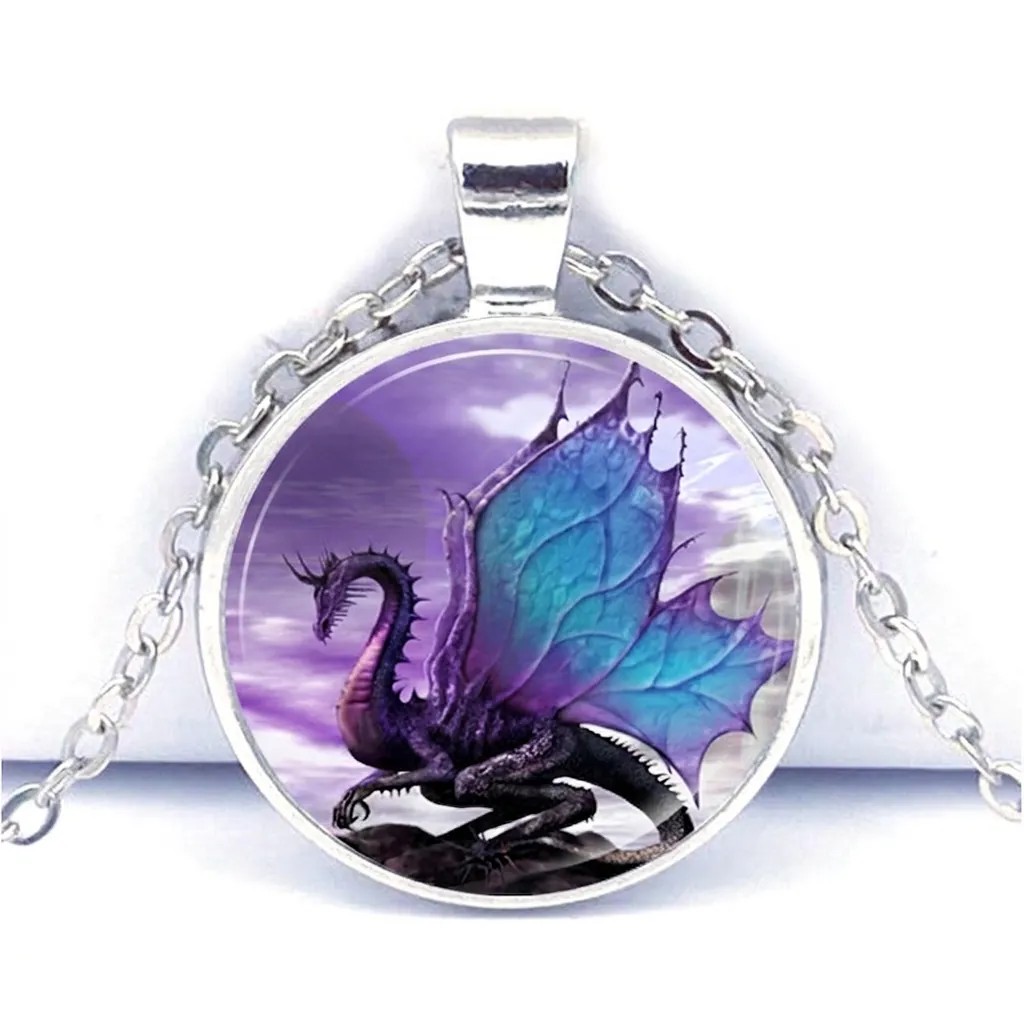 Collier Pendentif Dragon en Alliage de Zinc et Verre Cabochon Vintage Fantaisie Ciel Étoilé Bijoux Quotidien Cadeau Homme Femme