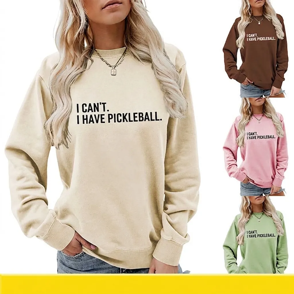 Damen Rundhals Sweatshirt Baumwollmischung Langarm Pickleball Buchstabendruck Lässiger Pullover Sportoberteil