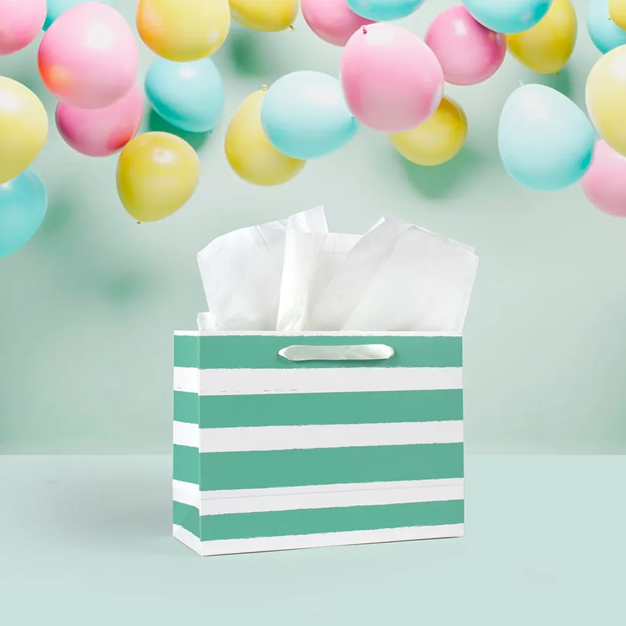 Mint Green White Horizontal Stripe Paper Gift Bag With Satin Ribbon Handle For Party Wedding Shopping Packaging Handbag